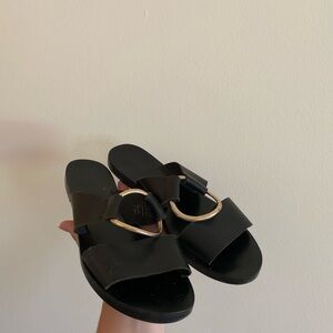 MANGO Black Slide Sandals with Gold Accent